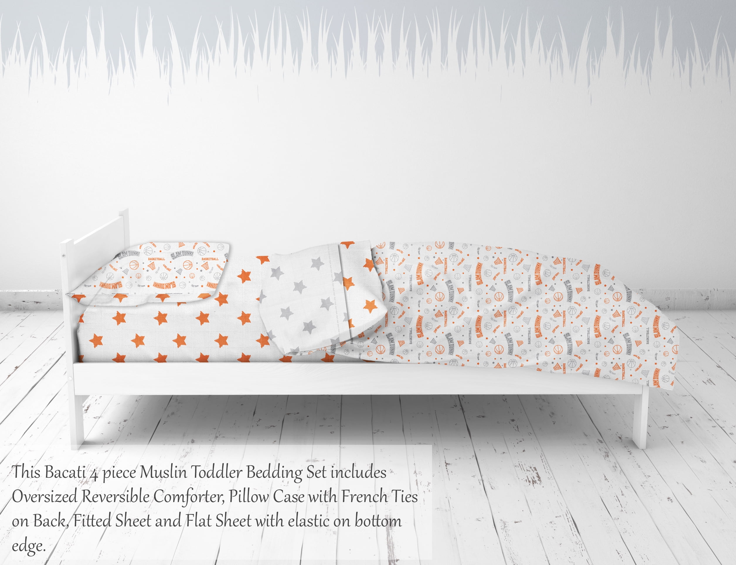 Bacati - Sports 100% Cotton Muslin 4-Piece Toddler Bedding Set, Basketball Orange/Grey