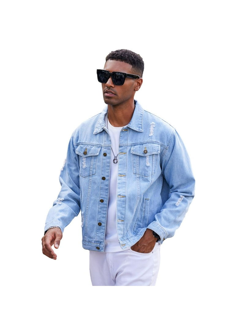 LZLER Men's Slim Fit, Ripped Denim Jacket, Stylish Everyday Sports