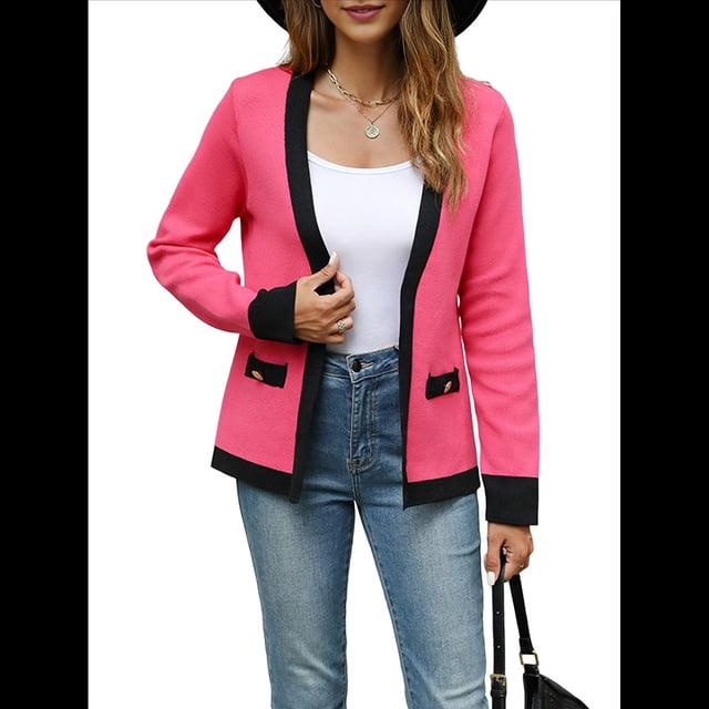 Suéter Tipo Cárdigan Abierto con Ribete para Mujer, Cárdigan de Punto de Larga, Informal, para Otoño e Invierno Rosa Roja M