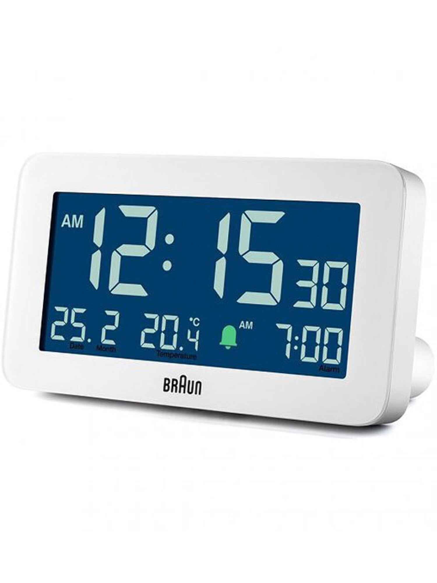 Braun Digital Alarm Clock with Date, Month and Temperature Displayed, Negative LCD Display, Quick Set, Crescendo Beep Alarm in White, model BC10W.