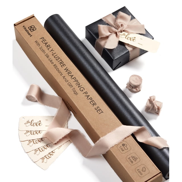 Juego de papel de regalo Vitalizart, color negro perlado, 5 m, con cinta