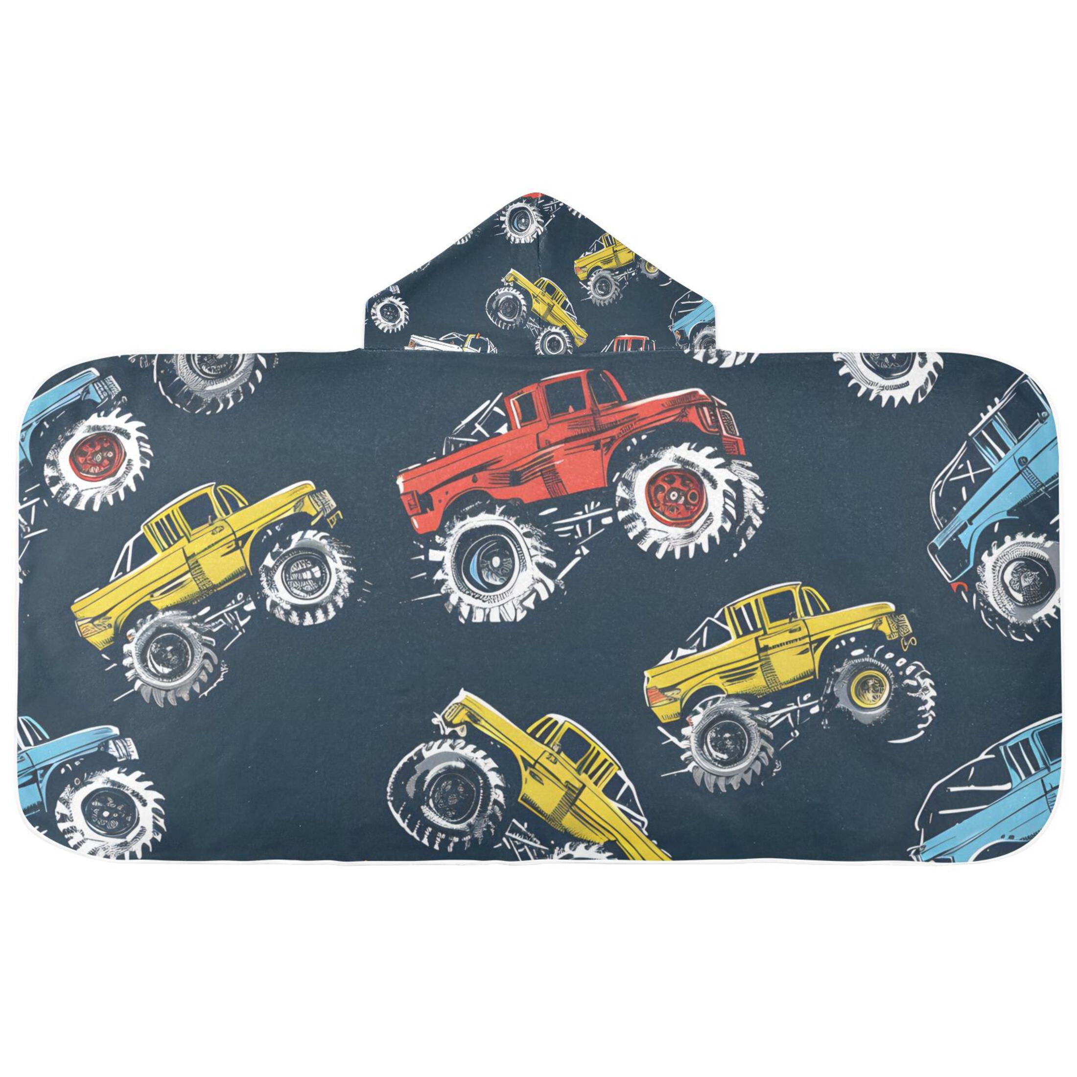 Cartoon Monster Trucks Comic Kids Hooded Beach Towel Baby Bath Poncho Towels with Hood Absorbent 50"x23.5" for Pool Swimming