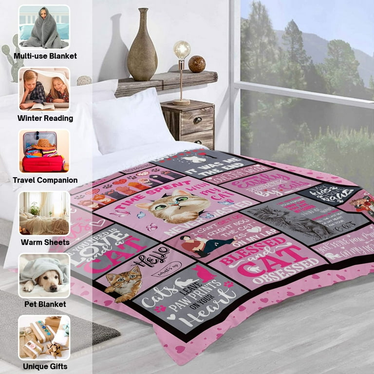 Cat Gifts for Cat Lovers Cute Cat Print Blanket for Girls Pink