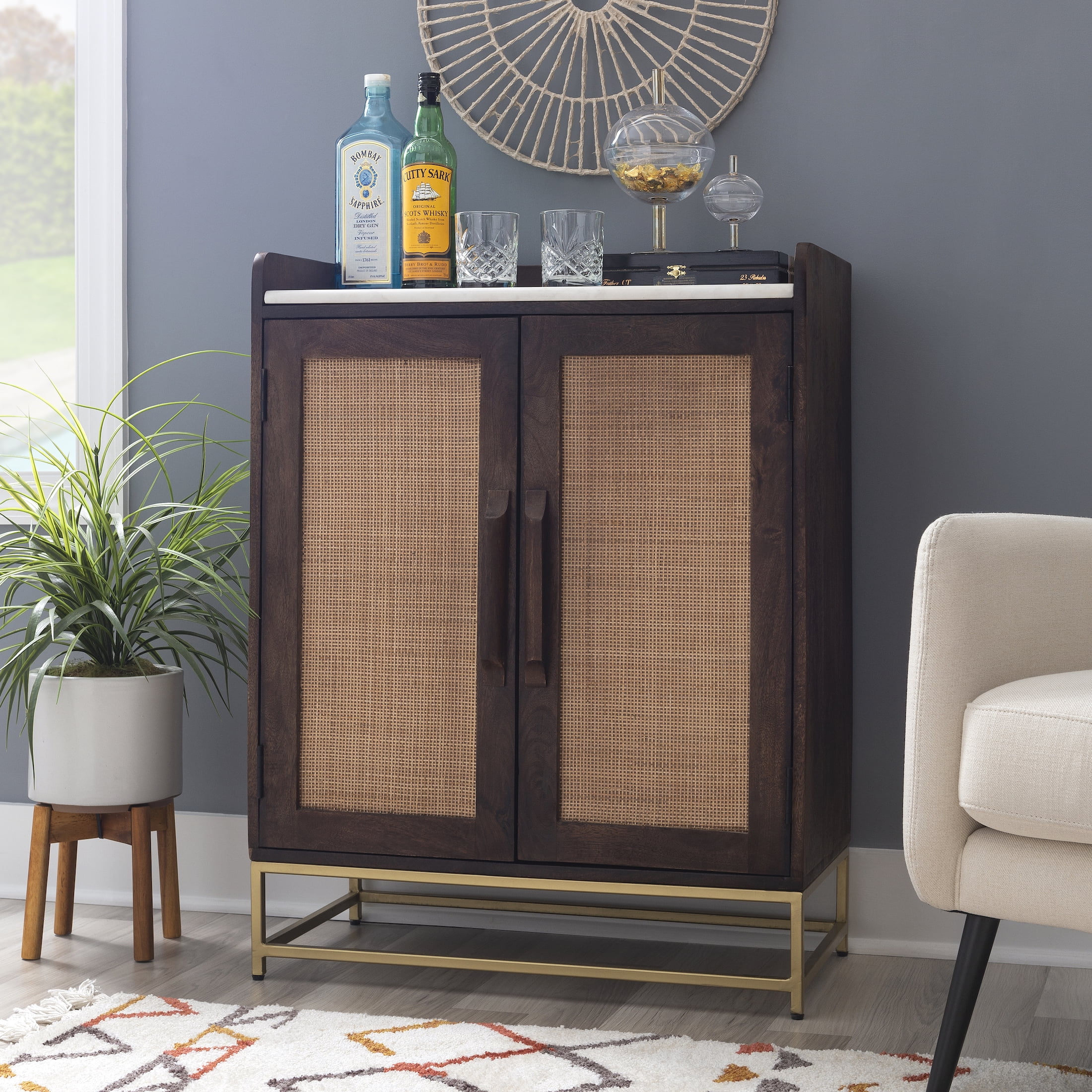 Blair Rattan Bar Brown with White Marble Top
