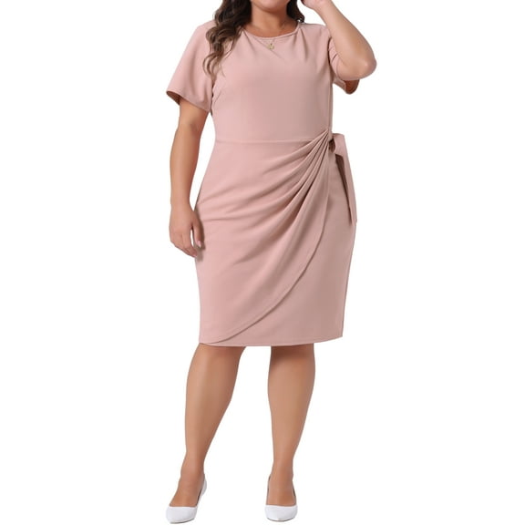 Agnes Orinda Women's Plus Size Pencil Dress Belted Tie Vintage Crew Neck Short Sleeve Office Work Midi Bodycon Dresses with Zipper 1X Pink
