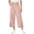 thumbnail image 5 of Women's Cotton Linen Printed Embroidered Wide-Leg Pants Elastic Waist Casual Palazzo Trousers with Pockets, 5 of 6