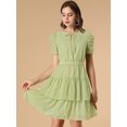 thumbnail image 2 of INSPIRE CHIC Women's Tie Neck Ruched Sleeve Elastic Waist A-Line Double Layers Ruffle Hem Short Dress, 2 of 6