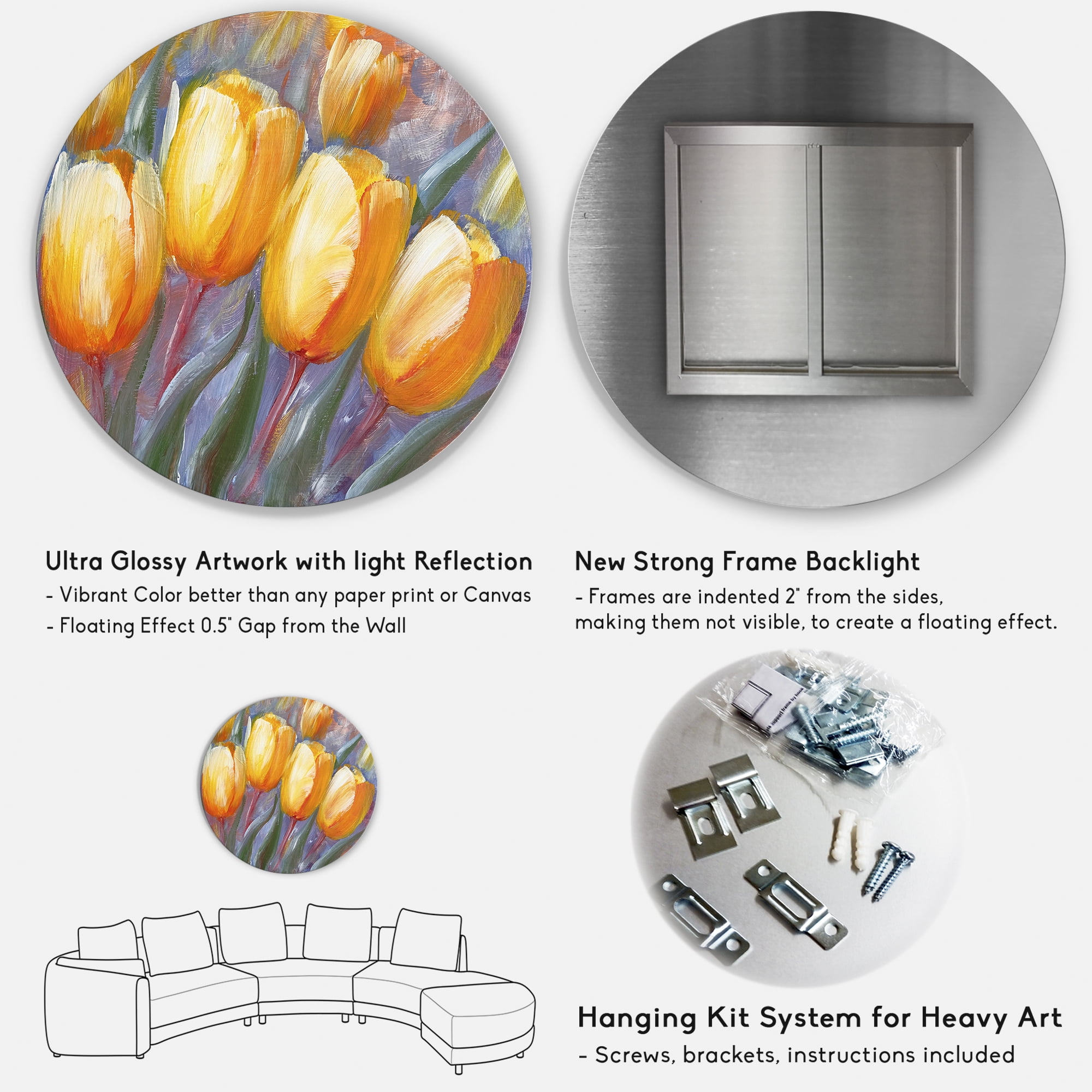 Designart 'Abstract Yellow Blooming Tulips' Traditional Circle Metal Wall Art 11x11 - Disc of 11