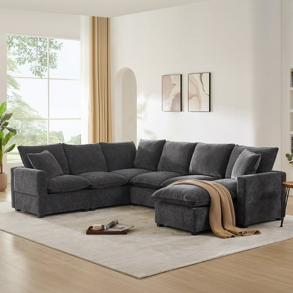 110*30" Modern Modular Sofa, 4 Seat Chenille Sectional Couch Set with 2 Pillows Included, Freely Combinable Indoor Funiture for Living Room, Apartment, Office, 2 Colors