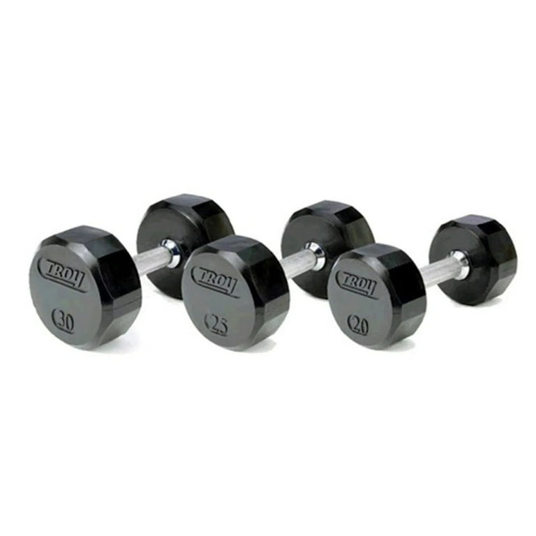 Troy Dumbbell Weight Set with Rack 5 50 lb. Pairs Rubber Flat 12 Sided Head w Rail Rack Commercial Gym Quality
