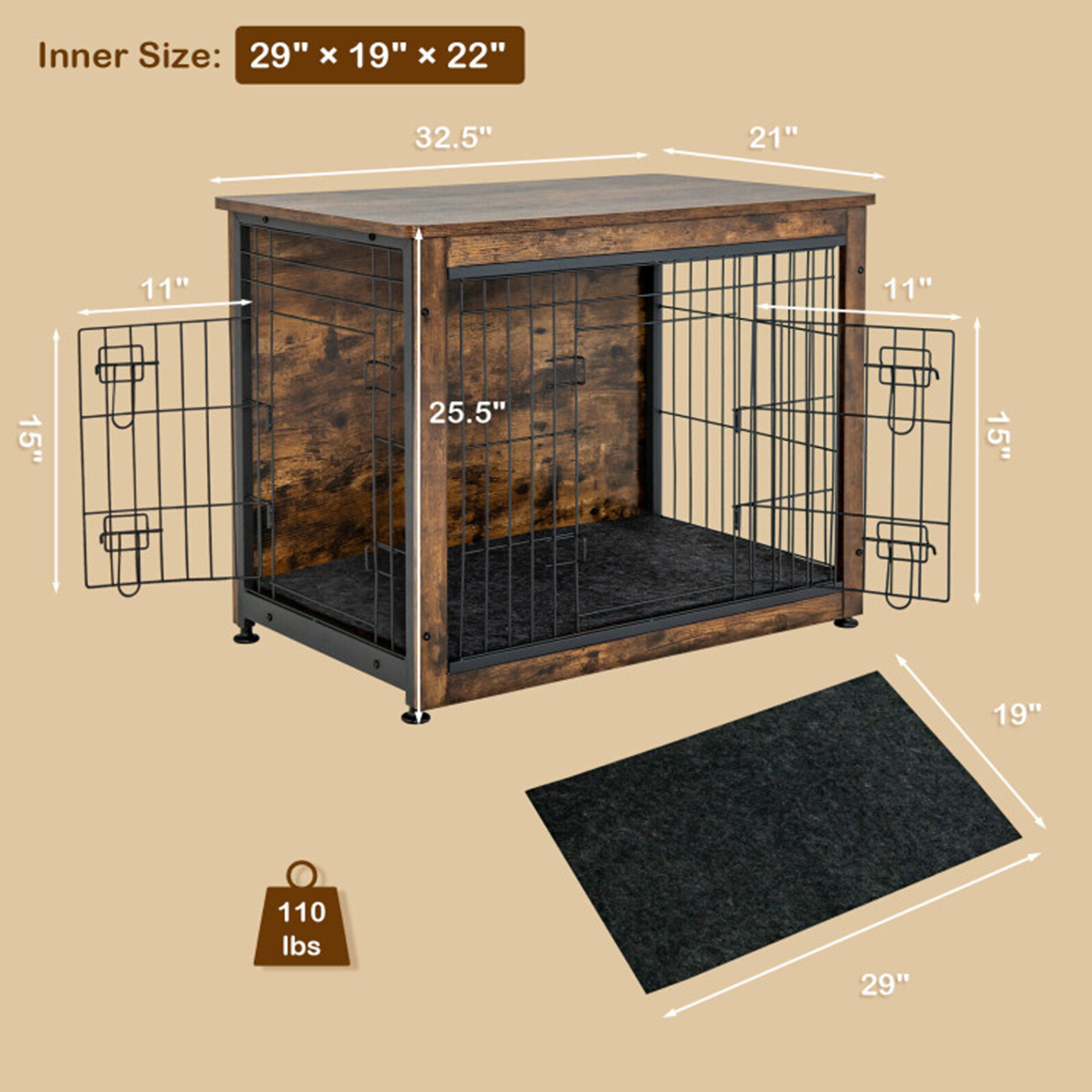 Kadyn 32" Dog Crates for Dogs with Tray and Double Door, Wood Indoor Dog Cages Furniture, Brown