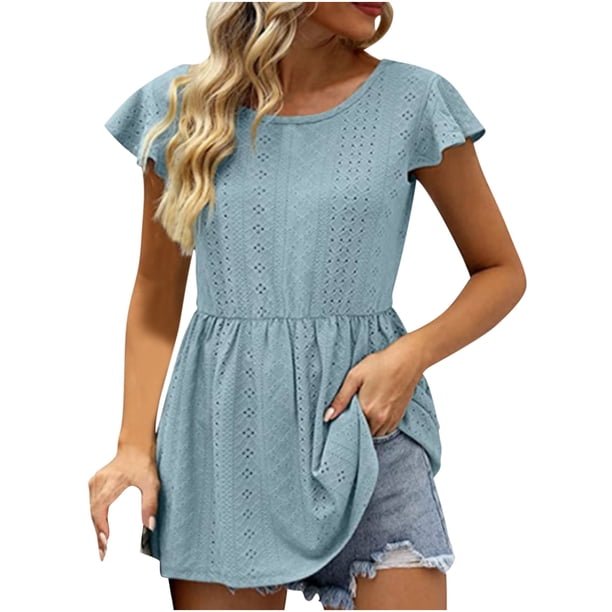 Blusas casuales de manga corta con cuello redondo de color sólido para mujer OAVQHLG3B Store lin121212