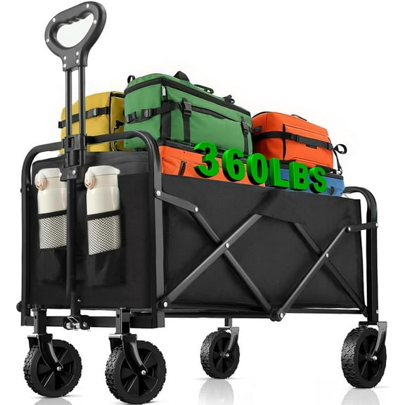 Collapsible Wagon Cart Foldable 360lbs Capacity, Lightweight Portable Beach Wagon, Shopping Carts with Wheels for Grocery, Camping, Shopping, Beach, Fishing, Garden Cart