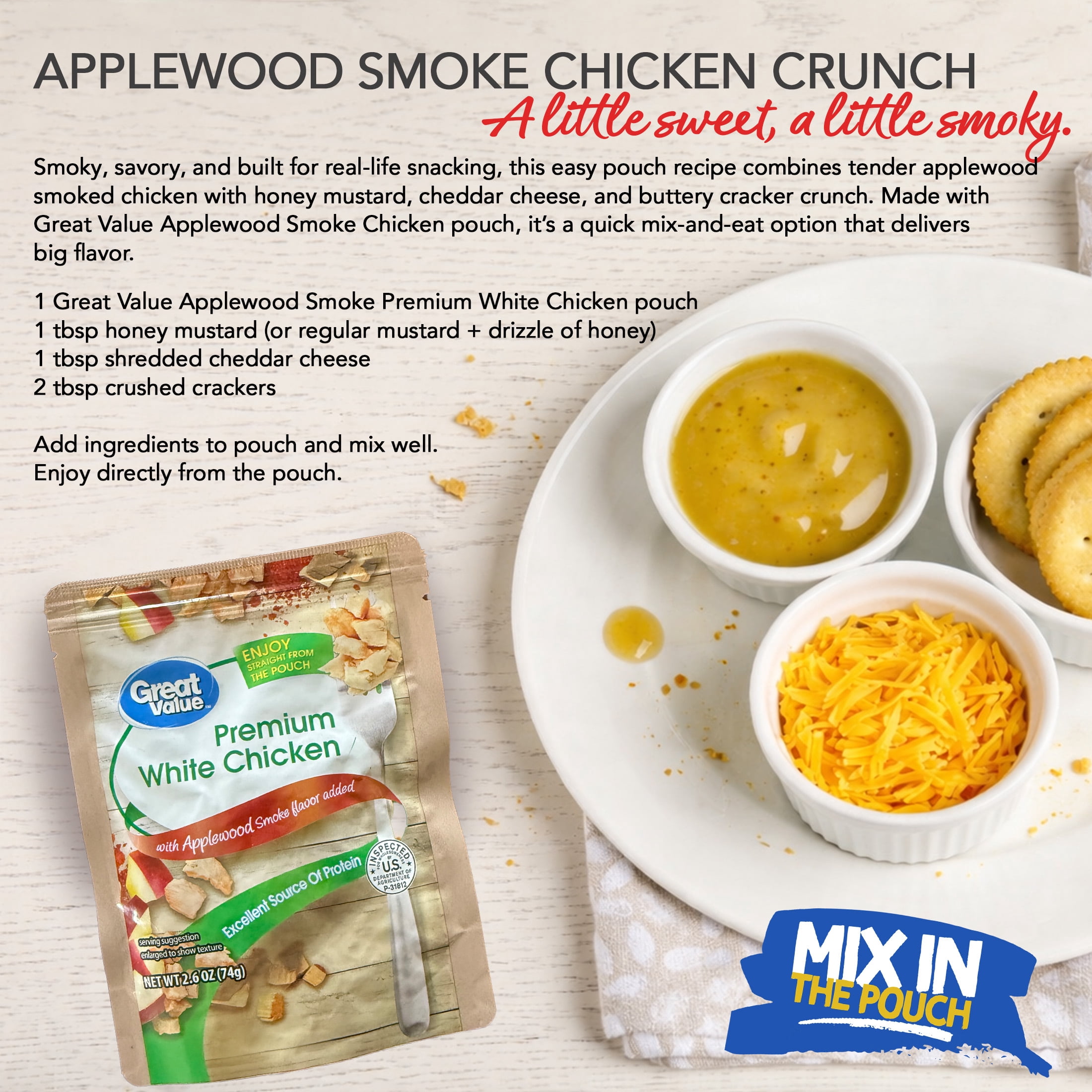 Great Value Premium Applewood Smoked Fully Cooked White Chicken Pouch, 2.6 oz