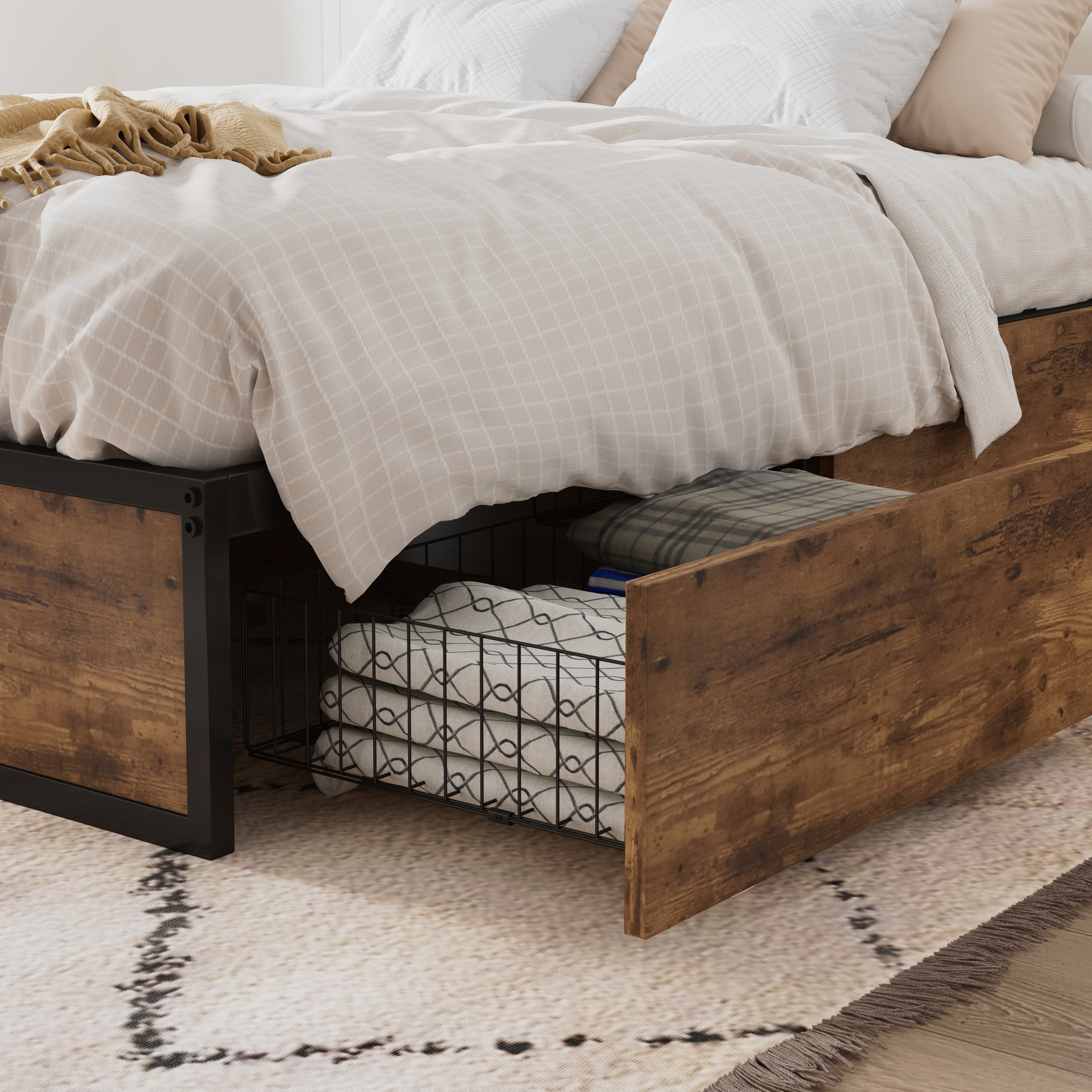 Amolife Queen Bed Frame, Metal Storage Platform Bed with 2 Ultra-Flexible Drawers & Easy Assembly, Brown
