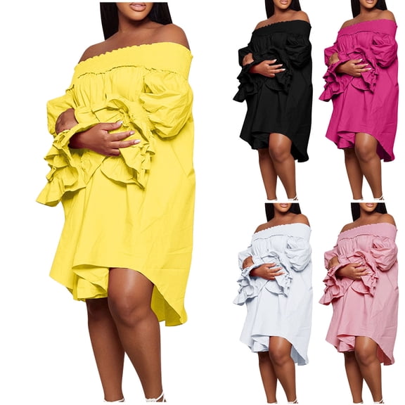 Off Shoulder Dress for Women A-Line Ruffle Sleeve Casual Midi Dress Loose Fit Stretchy Pleated Sundress