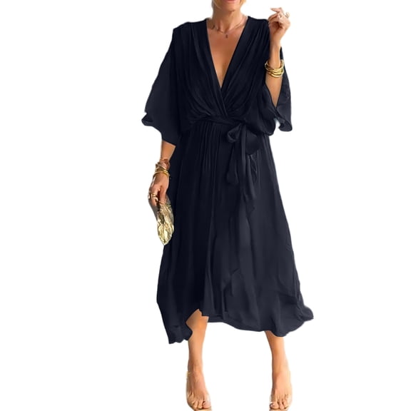 Women’s V Neck Midi Dress with Kimono Sleeves and Waist Tie Loose Fit Lightweight Flowy Casual Style for Daily Wear Black L
