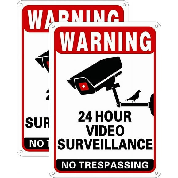 (2 Pack) 24 Hour Video Surveillance Sign Security Cameras in use Sign 9.7”x7”Warning Signs,no trespassing sign private property Reflective Metal Signs Aluminum Sign Heavy Duty Professional Printing