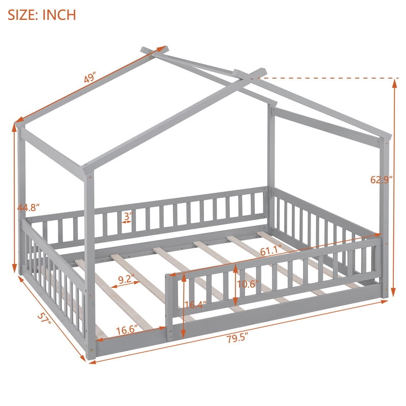 Full Size Wood House Bed with Fence and Roof Frame, Kids Floor Montessori Bed with Safety Guardrails, Sturdy Pinewood Playhouse Bed for Boys Girls