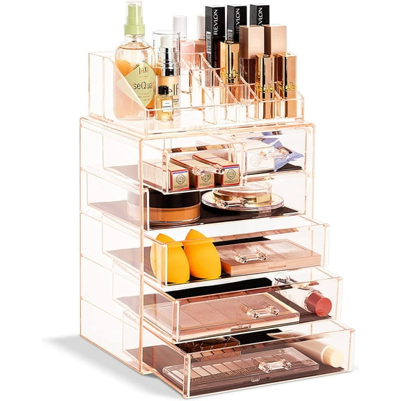 Sorbus Acrylic Cosmetic Makeup and Jewelry Storage Case Display with Spacious Design and Two Small Drawers, Pink