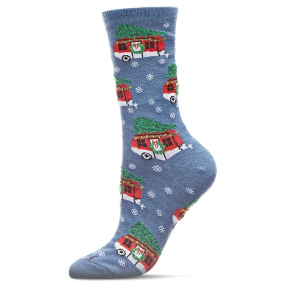 MeMoi Women's Festive Campers Holiday Crew Socks - Womens - Female, 9-11, Denim Heather