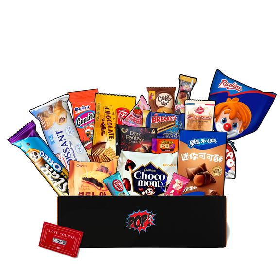 Pop Snax Chocolate Lover’s World Tour (17 Count) - International Snack Box Variety Pack - Exotic Chocolate Snacks from 11 Countries - Includes FREE Valentine's Day Card