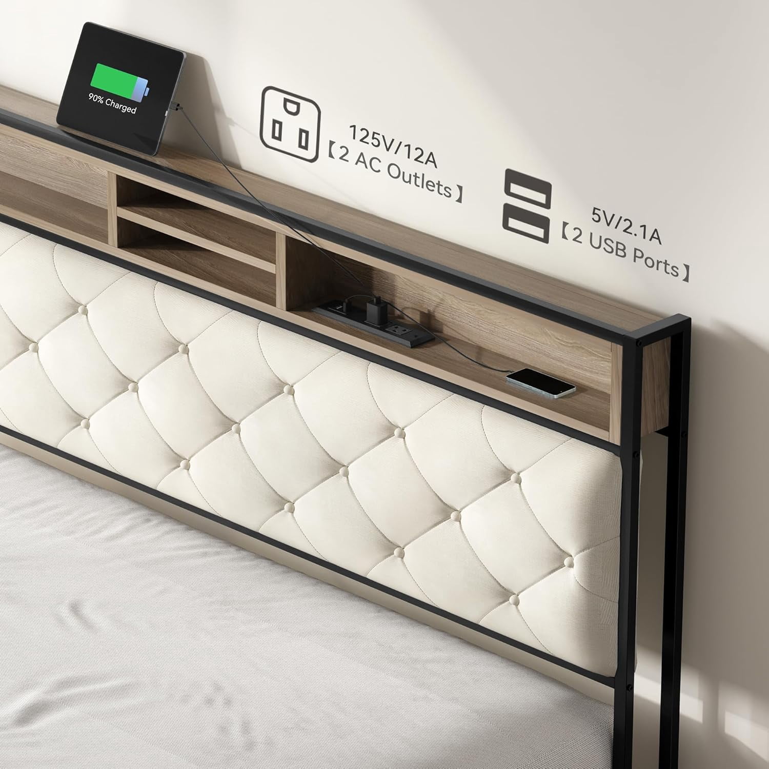 Newest King Size Platform Bed Frame with Charging Station - Beige Upholstered Storage Headboard for Master Bedroom & Guest Room Organization​
