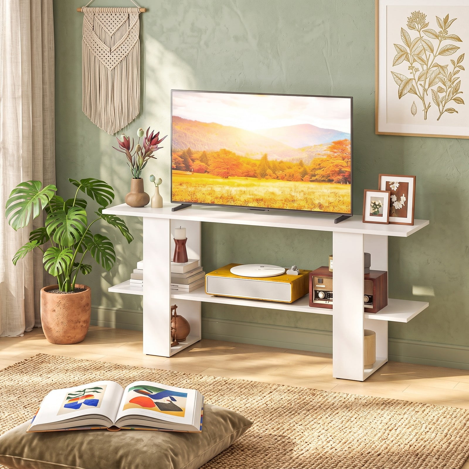 Furnibear 2-Tier TV Stand for TVs up to 55 Inch, Wood Entertainment Center Console Table with Open Storage Shelf, Media Cabinet for Living Room Bedroom, White
