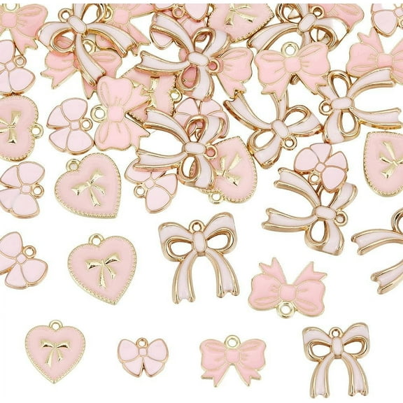 1 Box 40Pcs 4 Styles Pink Charms Bowknot Charm Alloy Enamel Flat Lolita Cute Gold Bows Tie Heart Charm for Jewelry Making Charms DIY Keychain Bracelet Earrings Necklace Valentine