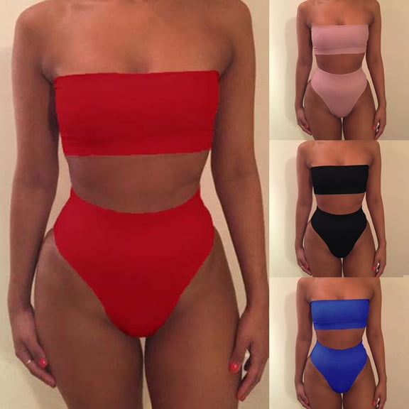 1 Set Bikini Set Solid Color Elastic High Waist Strapless Summer Lady Swimsuit for Swimming
