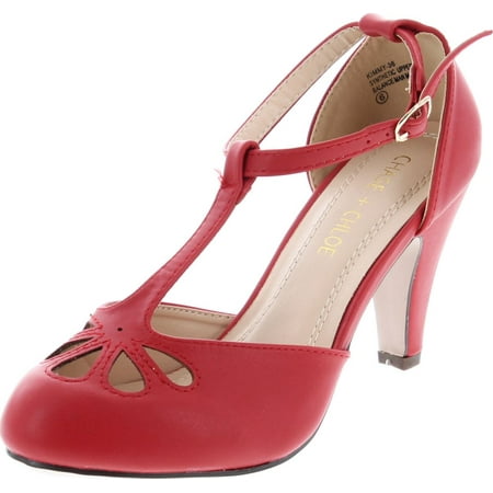 

Chase & Chloe Kimmy-36 Women s Teardrop Cut Out T-Strap Mid Heel Dress Pumps Red 8