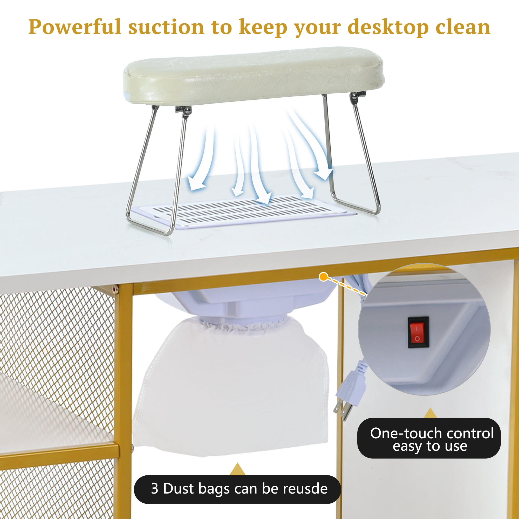 EUROCO 43.3" Manicure Table Nail Desk for Nail Tech,Nail Table Beauty Salon Station with Electric Downdraft Vent,Wrist Cushion, Lockable Wheels and Storage,White