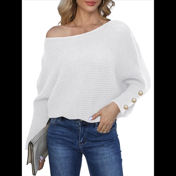 Suéter de Punto de Color Liso con Hombros Descubiertos y Larga para Mujer, Estilo Informal, Holgado y Moderno para Otoño XXL