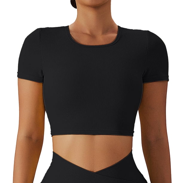 Gibobby Blusa Casual de Mujer Traje yoga manga corta ahuecado en la espalda para correr para mujer Tops manga corta fitness secado rápido alta in(Negro,XL)