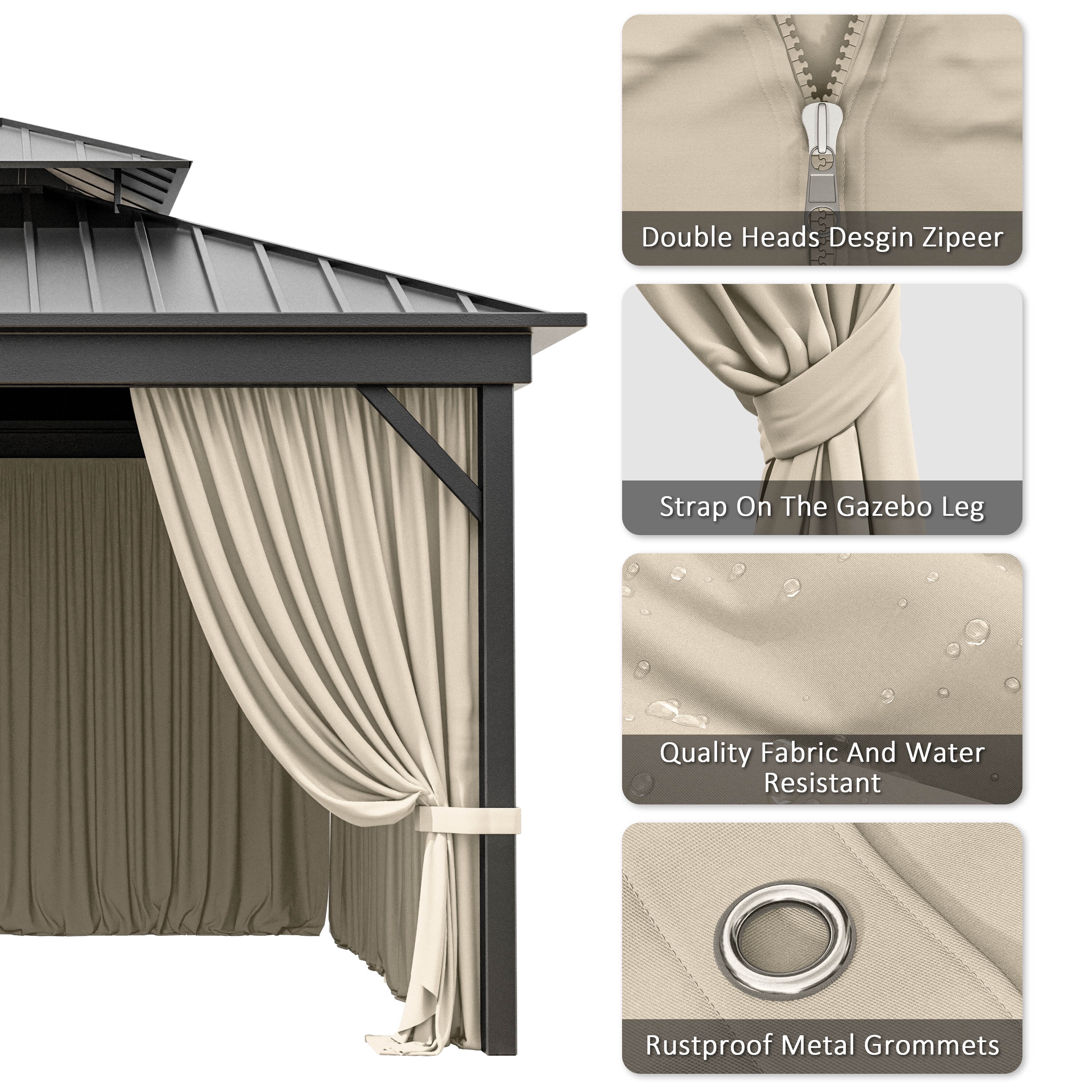 Kimunuk Outdoor Replacement Curtains for 12' X 20' Gazebo, Waterproof 4-Panels Cream Gazebo Universal Privacy Sidewall Curtains with Zipper for Patio Garden Backyard, Curtain Only