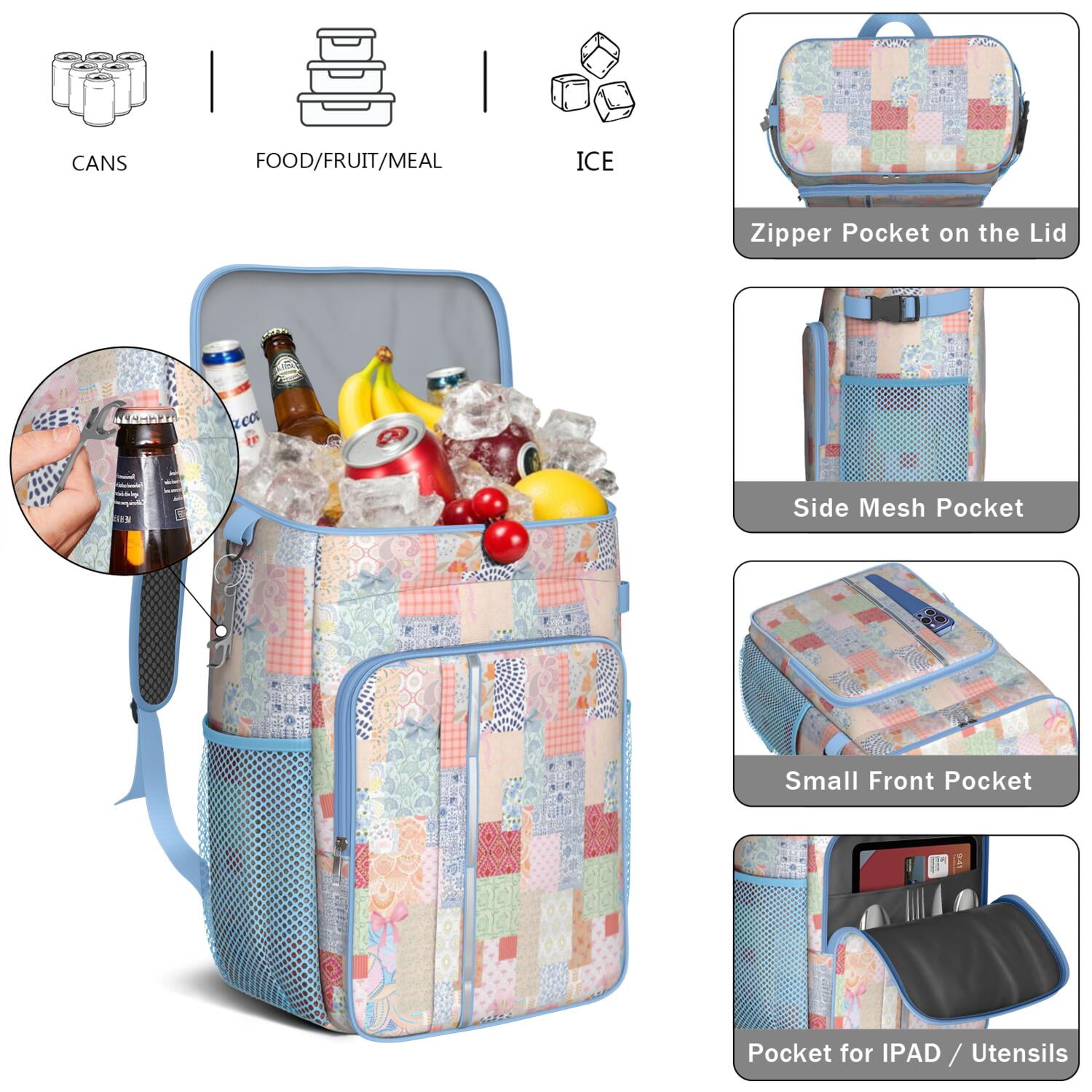 Travel Cooler Bag - Pioneer Flower Camping Beer Cooler Backpack with Bottle Opener- Waterproof Insulated Picnic Backpacks - Cooler Bag for Beach
