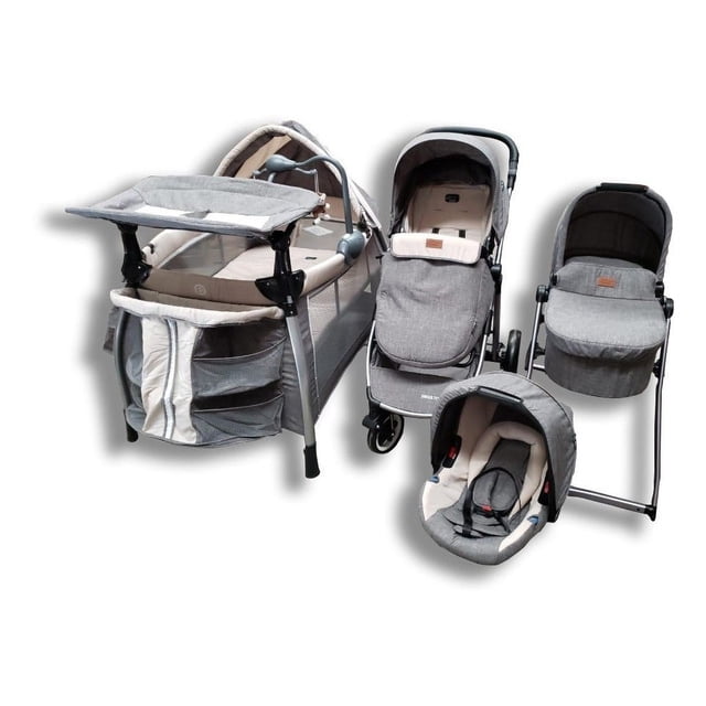 Combo de Lujo AEIOU Cuna Corral, Carriola, Bambineto y Portabebé Francia Gris/Beige 4 piezas