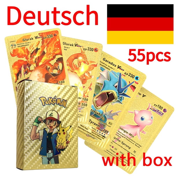 Cartas coloridas Pokémon genuinas, juego de cartas de aluminio dorado, Pikachu, Charizard, Mewtwo, inglés, español, francés, alemán, coreano, 55 piezas Fivean unisex
