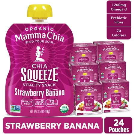 Mamma Chia Organic, Strawberry Banana Chia Squeeze, 3.5 oz, 24 count Pouches 6 boxes of 4