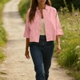 thumbnail image 2 of Women's Solid Color Double Button Short Sleeve Cardigan Shirt Blouse Top Mid Length Loose Fit Lightweight Breathable Spring Summer Casual Fashion | CSEONE,Pink XL, 2 of 9