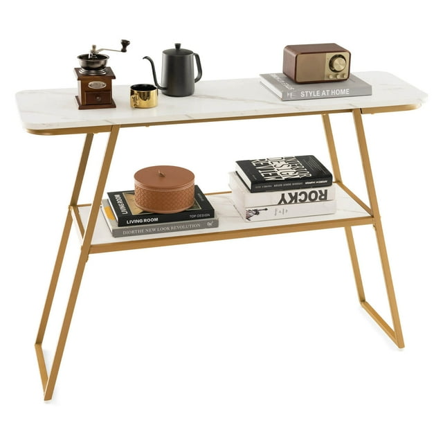 Costway Table Étroite de Canapé de 44 Pouces de Long, Table Console à 2 Niveaux, Table d'Entrée avec Rangement et Doré