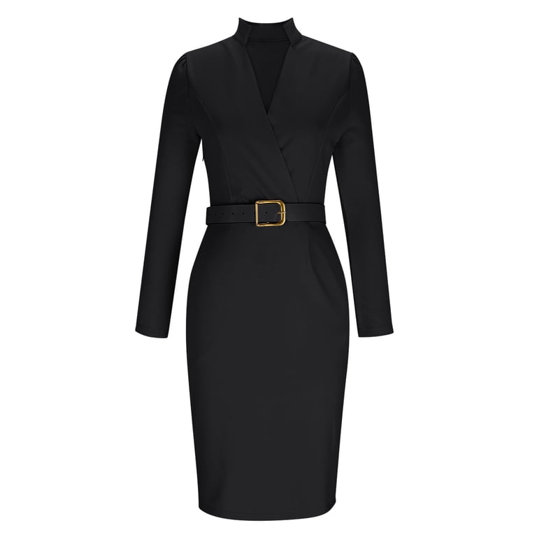plain black long sleeve bodycon dress Qunyiney Formal Womens Spring Dresses Work Midi Dresses Business Slim Fit V-Neck Office Pencil Dress, Women's, Size: XL Size:XL 17.5