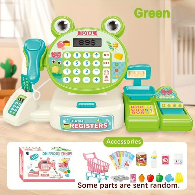 CHUANK Mini Cash Register with Shopping Cart Vegetable and Fruit Computer Toy Simulated Supermarket Cashier Scanning with Light and Sound Effects Interactive Toy Set All Accessories are