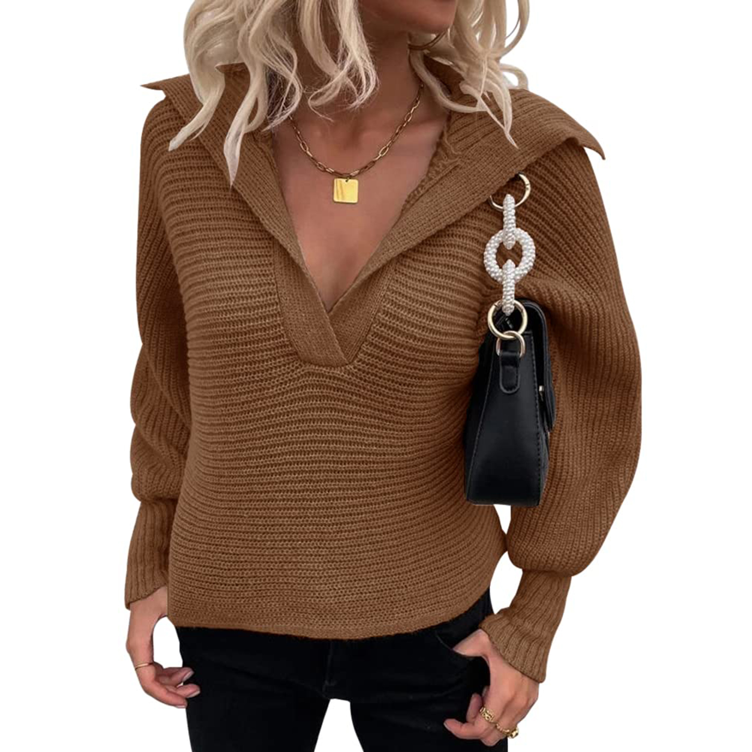 Veatzaer Women's Sweater Long Sleeve Bat Shirt V Neck Solid Color Knit Sweater Casual Pullover