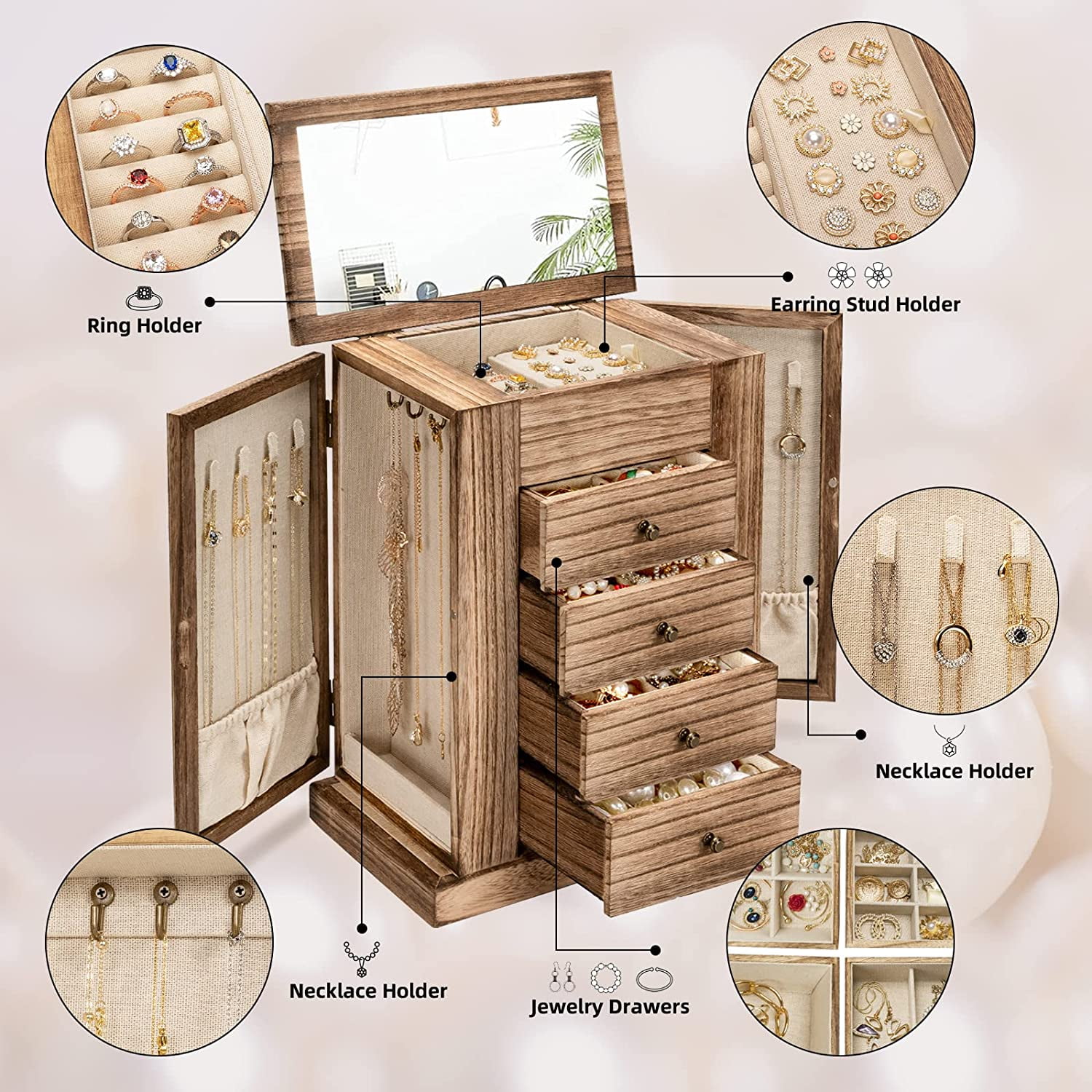 Jewelry Box/Organizer with Stud Holes & Hooks for Necklaces, Earrings, -  Rucci Professional
