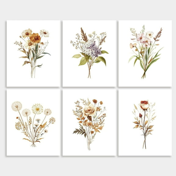 6 Pack Unframed Waterproof Retro Watercolor Flower Canvas Wall Art Prints 8" x 10" Botanical Wildflower Wall Decor Boho Floral Canvas Artwork Posters for Home Living Room Office Decor Gift 1 Set