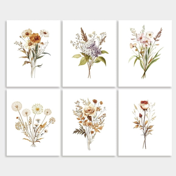 6 Pack Unframed Waterproof Retro Watercolor Flower Canvas Wall Art Prints 8" x 10" Botanical Wildflower Wall Decor Boho Floral Canvas Artwork Posters for Home Living Room Office Decor Gift
