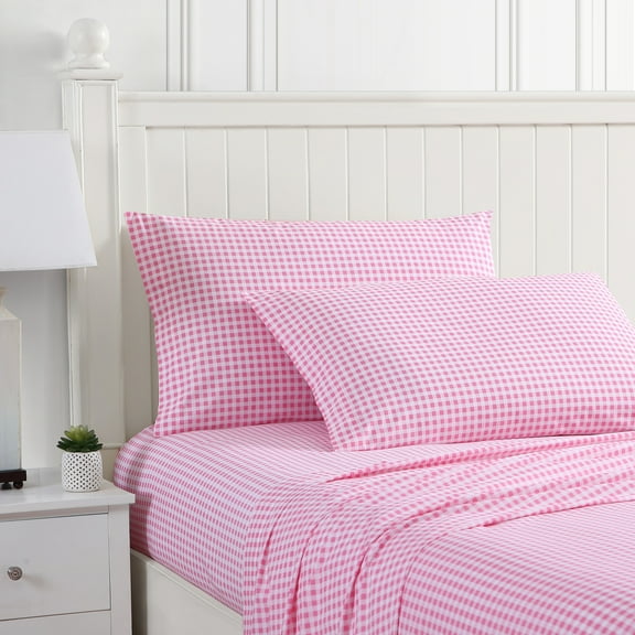 Poppy & Fritz Gingham Plaid Bright Pink Cotton Percale Full Sheet Set