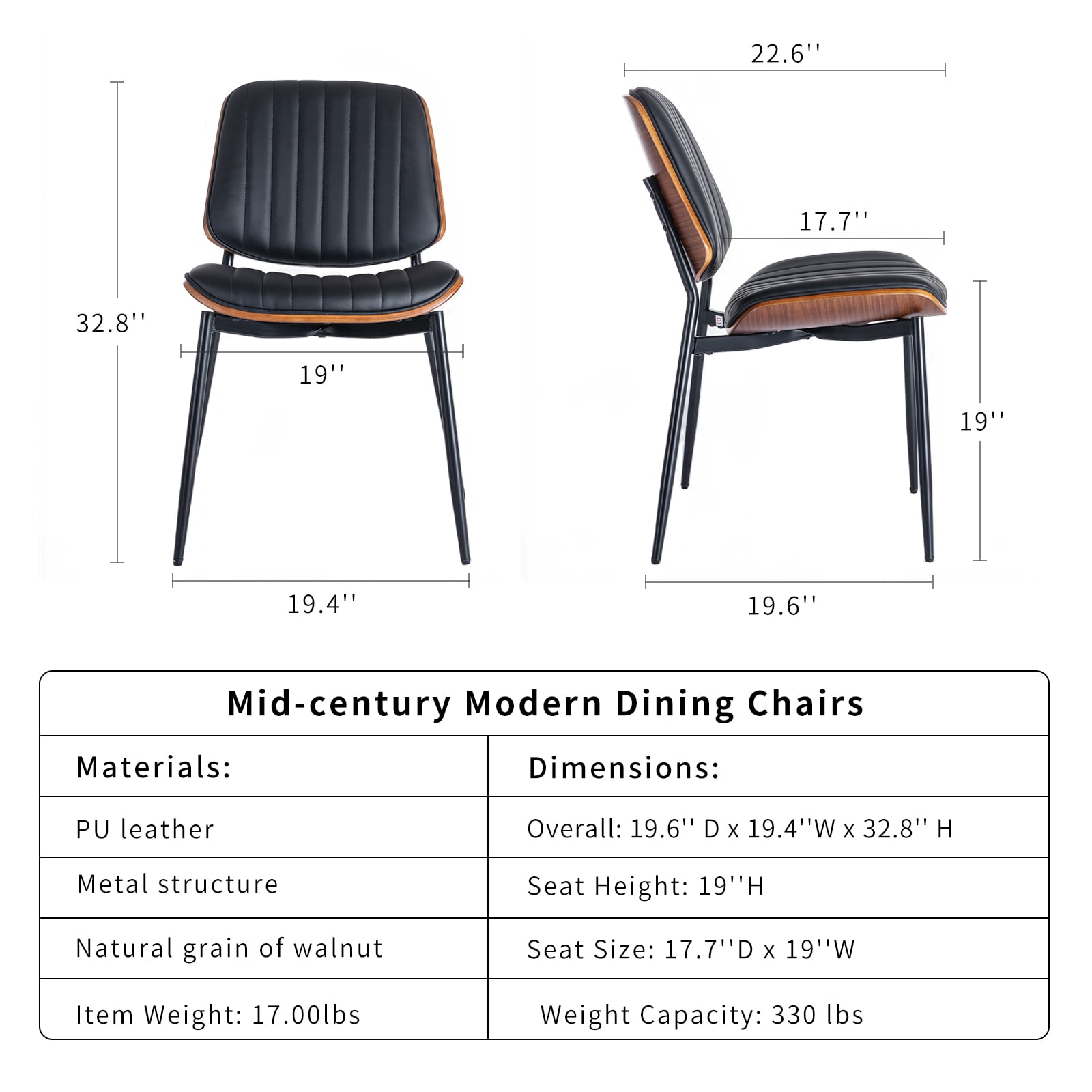 Mid Century Modern Dining Chairs Set of 6, Black Kitchen & Dining Room Chairs Set of 6, Upholstered PU Leather Kitchen Chairs for Dining Table, Sillas de Comedor, Metal Leg, Walnut Back(Black, 6 Pcs)