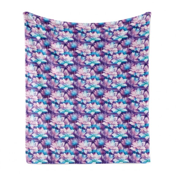 Floral Soft Flannel Fleece Throw Blanket, Lotus Flower Bouquets Along Buds Discotic Color Blossoms Garden Artwork, Cozy Plush for Indoor and Outdoor Use, 50" x 60", Fuchsia and Lavender, by Ambesonne